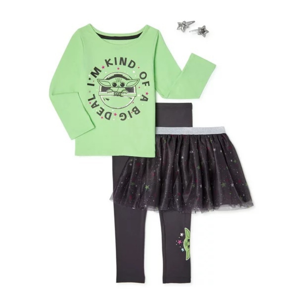 Star Wars The Child Baby Girl Top, Tutu, Leggings, Hair Clips 4 Piece Outfit 12M